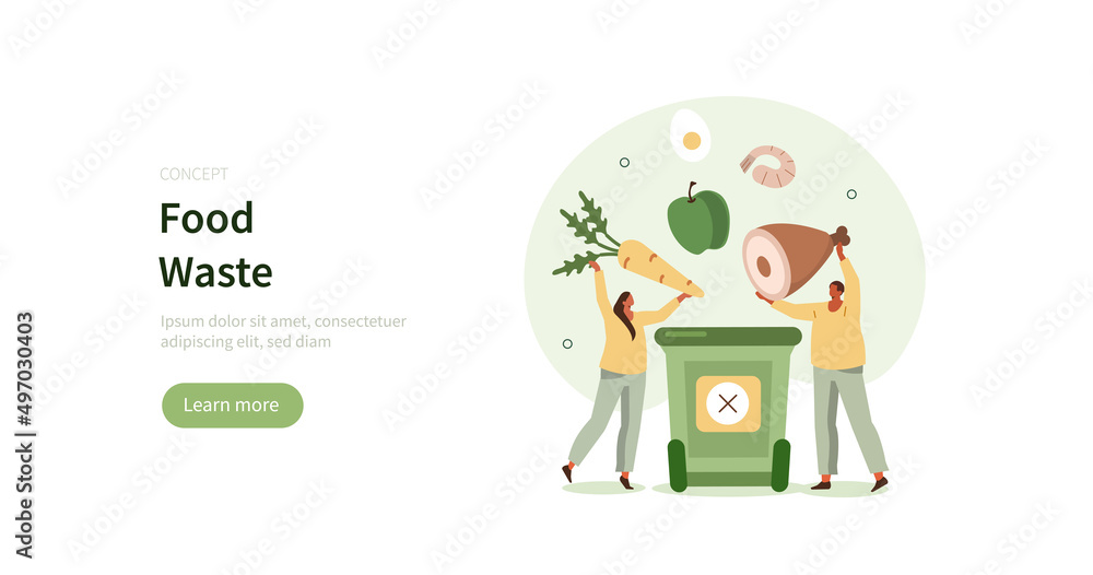 Fototapeta premium Food loss and waste. Characters throwing away raw and prepared food. Environment and resources problems concept. Vector illustration.