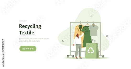 People characters choosing and buying recycling textile. Recycle and sustainable fashion concept. Vector illustration.
