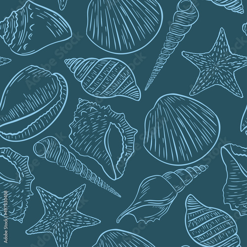 Seashells seamless pattern. Blue background with sketch clams and sea shells. Beautiful underwater template for fabric, paper, wallpaper and packaging design vector illustration