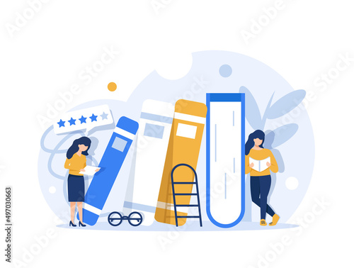 Reading books concept. Young students learning and studying,flat design icon vector illustration