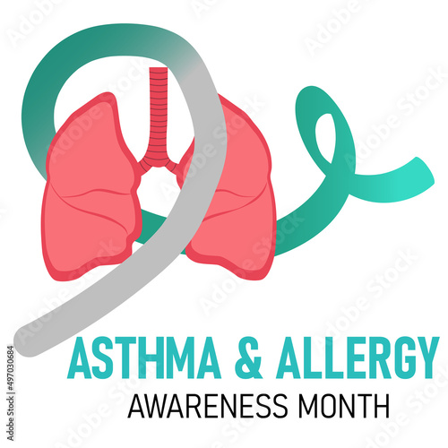 Asthma and Allergy month. Vector cartoon illustration of lungs and awereness ribbon.