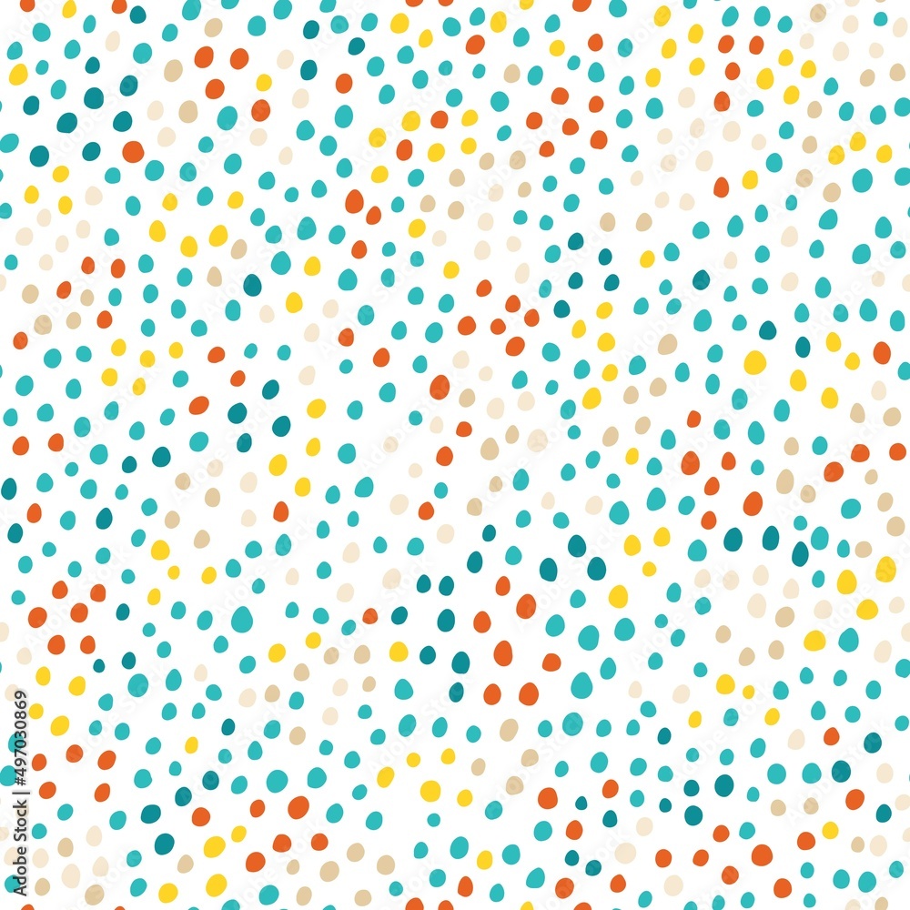 Sketchy dots vector, hand drawn, seamless pattern. Black, yellow, red, beige and blue dots. Abstract background with various textured circles of various shapes. Wallpaper, paper, fabric, textile.