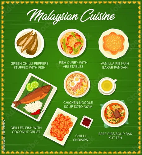 Malaysian cuisine menu page template. Chilli peppers stuffed with fish, fish curry and vanilla pie Kuih Bakar Pandan, Soto Ayam soup, grilled fish with coconut and chilli shrimps, soup Bak Kut Teh