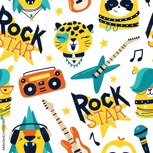 Cute animal rock star seamless pattern with lettering. Hand drawn colorful doodle cartoon characters in rock accessories, musical instruments. Ideal for baby textiles, wallpaper, wrapping paper.