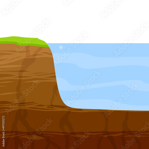 Water shore. Land in cross section. Coast of pond and bottom of lake. Ecology and geology. Flat cartoon illustration