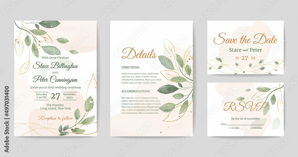 Wedding invitation, set of details cards, save the date, rsvp, watercolor in modern style. Elegant greenery decoration. Vintage botanical rustic nature graphic. Vector trendy romantic template.