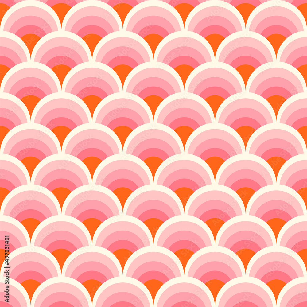 Fish scale abstract geometric seamless pattern. Colorful circles 70s style nostalgic retro background. Classic rainbow fashion print for fabric, paper