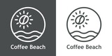 Coffee Shop. Logotipo con texto Coffee Beach con silueta de frijol de café como sol con olas en círculo en fondo gris y fondo blanco