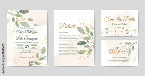 Wedding invitation, set of details cards, save the date, rsvp, watercolor in modern style. Elegant greenery decoration. Vintage botanical rustic nature graphic. Vector trendy romantic template.