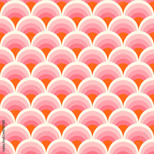 Fish scale abstract geometric seamless pattern. Colorful circles 70s style nostalgic retro background. Classic rainbow fashion print for fabric, paper