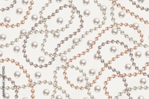 Seamless pattern with pearl beads, strings of pearls on white background. Wavy lines, classic pastel color of pearls. Vector illustration
