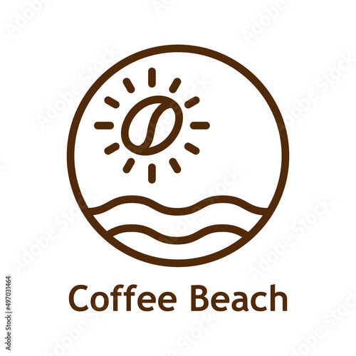 Coffee Shop. Logotipo con texto Coffee Beach con silueta de frijol de café como sol con olas en círculo en color marrón