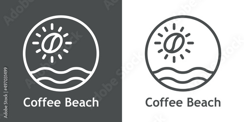 Coffee Shop. Logotipo con texto Coffee Beach con silueta de frijol de café como sol con olas en círculo en fondo gris y fondo blanco