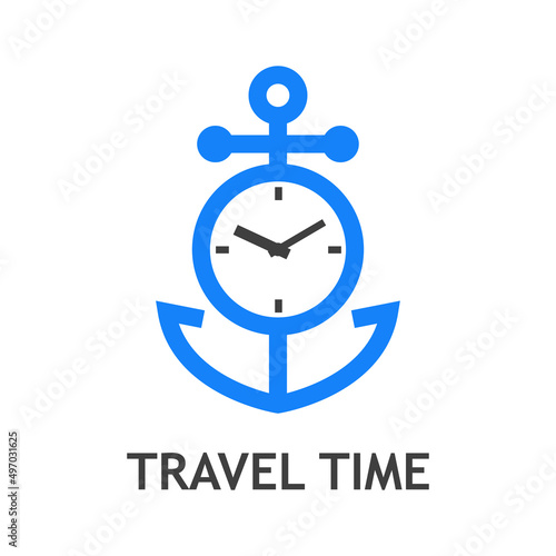 Logotipo con texto Travel Time y silueta de ancla de barco con esfera de reloj simple en color azul y blanco