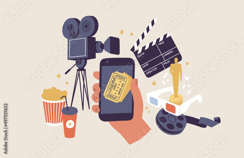 Vector Illustrations concept of online cinema ticket order. Human hand holding a mobile phone with cinema ticket surrounding cinema items