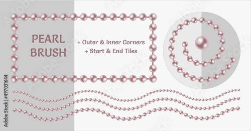 Pattern brush with pink pearl beads. Chain brush with corners, end and start tiles. Classic pastel colors. Isolated on light backgrounds.