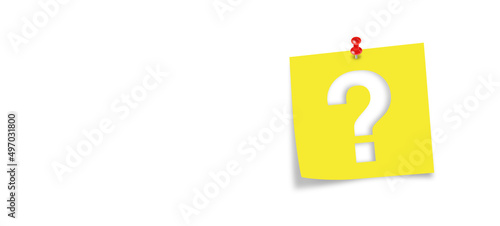 Yellow note paper with question mark on panoramic white background