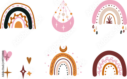 Boho rainbow bundle, sun and moon, Nursery Rainbow Vector, Can be used for baby t-shirt print, fashion print design, kids wear, nursery decor, wall art, baby shower, celebration, greeting card.