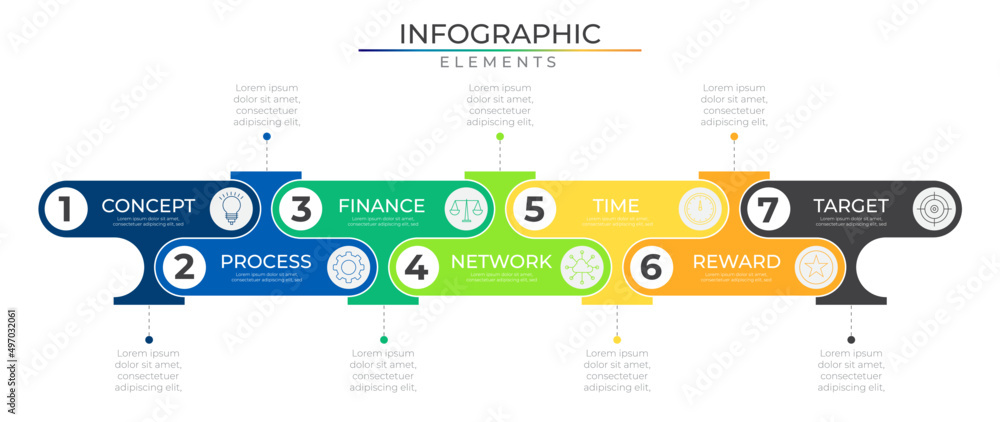 Seven steps horizontal row infographic elements plan concept design ...