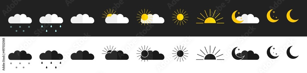 Weather icons. Forecast icons isolalated on white and black background. Climate signs. Meteo symbols. Meteorology set with sun, rain, snow and cloud signs. Vector Weather icons. Forecast icons isolalated on white and black background. Climate signs. Meteo symbols. Meteorology set with sun, rain, snow and cloud signs. Vector