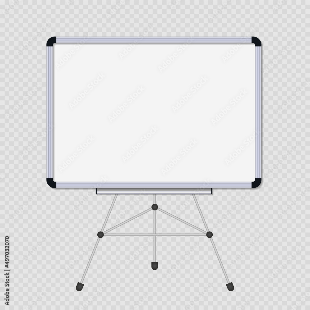 White board with tripod. Whiteboard stand on tripod. Blank blackboard for  presentation. Mockup of metal whiteboard isolated on transparent  background. Realistic mockup. Vector Stock Vector