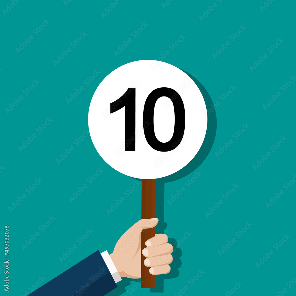 Scorecard with number 10. Score card in hand of jury. Hand holding card with number 10. Vote of judge. Committee for contest, competition and grade. Vector Scorecard with number 10. Score card in hand of jury. Hand holding card with number 10. Vote of judge. Committee for contest, competition and grade. Vector
