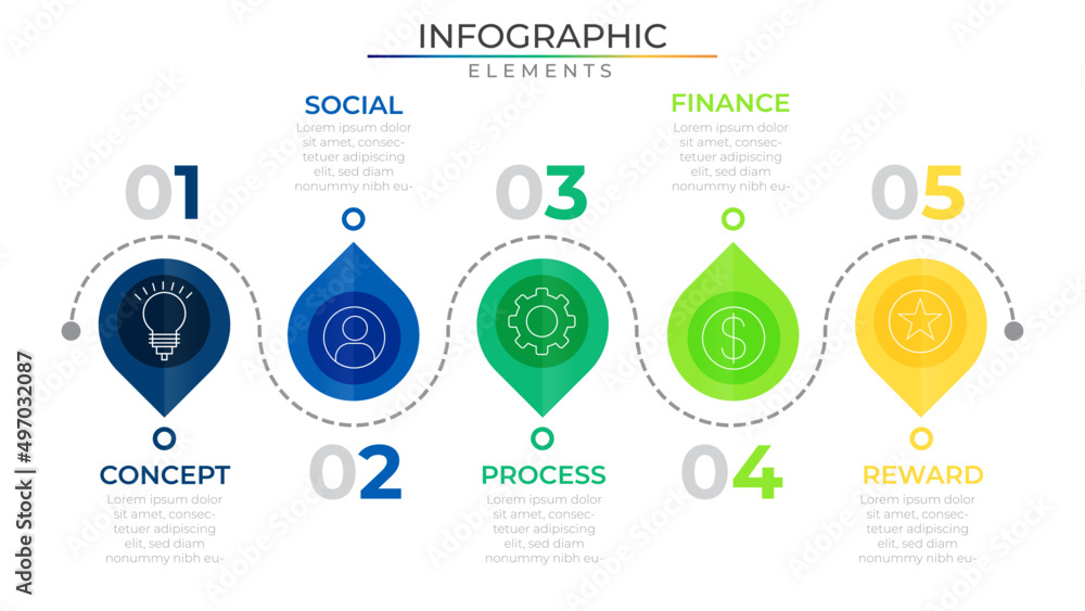 Pin point five option timeline infographic elements plan concept design ...