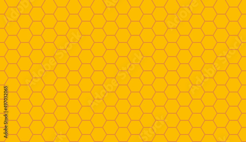 Honeycomb seamless pattern. Yellow honey comb background. Honey comb texture for beehive and bee. Wallpaper of yellow hexagon. Design of beeswax background. Vector