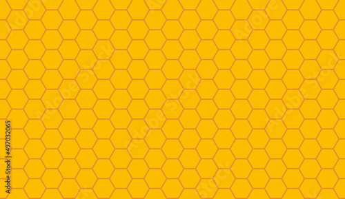 Honeycomb seamless pattern. Yellow honey comb background. Honey comb texture for beehive and bee. Wallpaper of yellow hexagon. Design of beeswax background. Vector