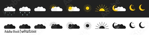 Weather icons. Forecast icons isolalated on white and black background. Climate signs. Meteo symbols. Meteorology set with sun, rain, snow and cloud signs. Vector