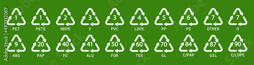 Plastic recycle icon. Plastic recycle symbols. Icons of pp, pet, hdpe, ldpe and pvc. Triangle logo for safety and ecology. White icons isolated on green background. Vector