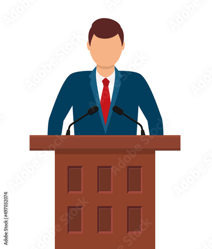 Man near podium. Speaker in suit stand on tribune for speech in conference. Politician speak from podium with microphones. Public orator. President or minister on tribune. Vector