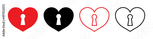Heart with keyhole. Heart with lock for key of love. Outline red and black icons of safe secret. Open door. Romantic isolated symbols. Vector
