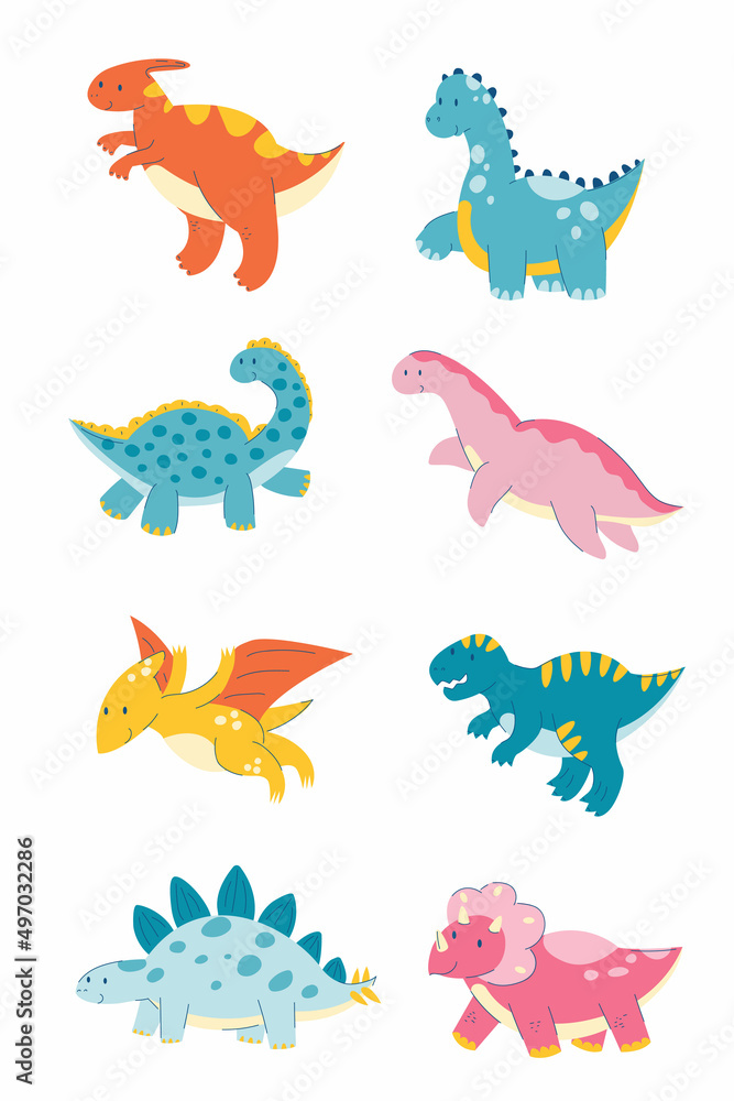 Dinosaur cartoon set. Cute dino triceratops, diplodocus, parasaurolophus, tyrannosaurus. Flat animal dragon. Vector stock illustration on a white background.