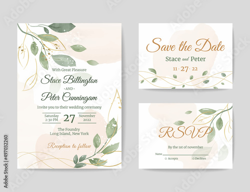 Elegant wedding invitation card set, save the date, rsvp, watercolor in modern style. Vintage botanical rustic nature graphic. Sophisticated greenery decoration.Vector trendy romantic template.