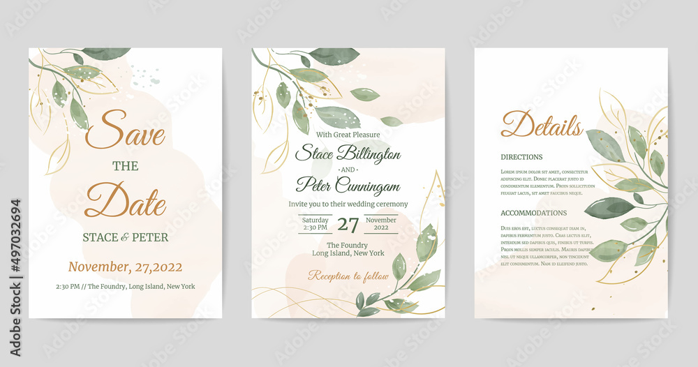 Wedding invitation vertical card set, save the date, details, watercolor in modern style. Sophisticated greenery decoration. Vintage botanical rustic nature graphic. Vector trendy romantic template. Wedding invitation vertical card set, save the date, details, watercolor in modern style. Sophisticated greenery decoration. Vintage botanical rustic nature graphic. Vector trendy romantic template.