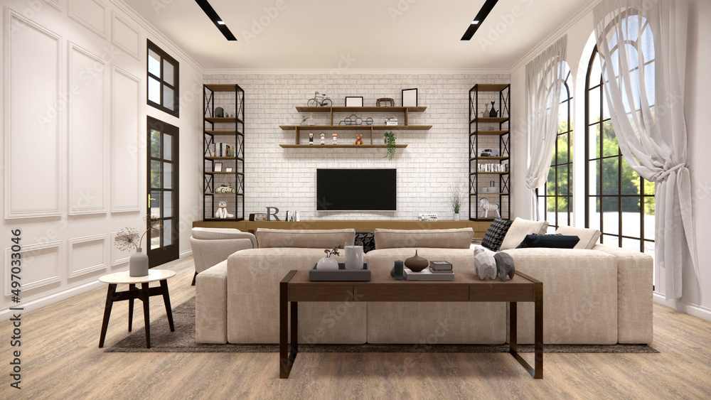 3d rendering. Interior house modern open living room.Loft style Apartment residence in cozy living room ,sofa set,dining area.