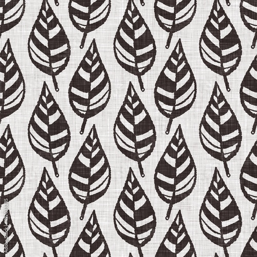 French grey botanical leaf linen seamless pattern with 2 tone country cottage style motif. Simple vintage rustic fabric textile effect. Primitive modern shabby chic kitchen cloth design.