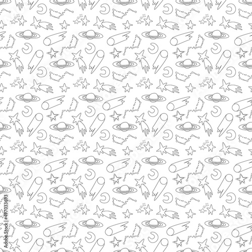 Galaxy cosmic seamless pattern with planets, stars and comets. Childish vector hand drawn cartoon illustration in simple scandinavian style. Pastel isolated on a white background. © Олеся Волкова