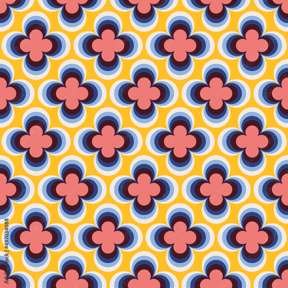 Vintage geometric floral seamless pattern. Retro 70s nostalgic simple shaped groovy flowers with circles colorful background.