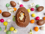 Chocolate Easter Eggs and Colorful Easter Candy  .Easter Greeting Card
