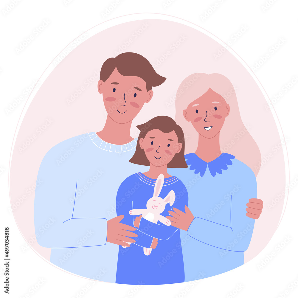 Happy family. Father, mother and daughter together. A couple with child. Flat style vector illustration. Family portrait Happy family. Father, mother and daughter together. A couple with child. Flat style vector illustration. Family portrait