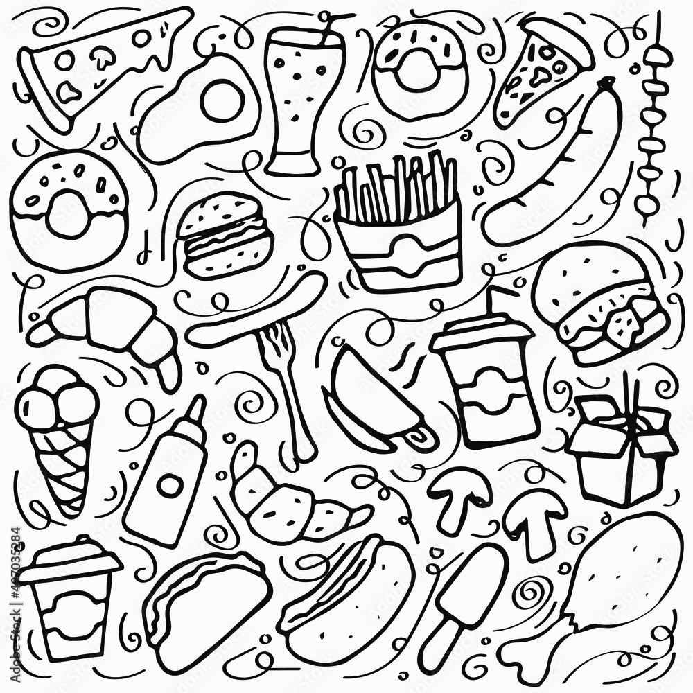 Fast food set icons, fastfood background. Doodle fast food icons. food icons on white background. hand drown vector fast food set icons Fast food set icons, fastfood background. Doodle fast food icons. food icons on white background. hand drown vector fast food set icons