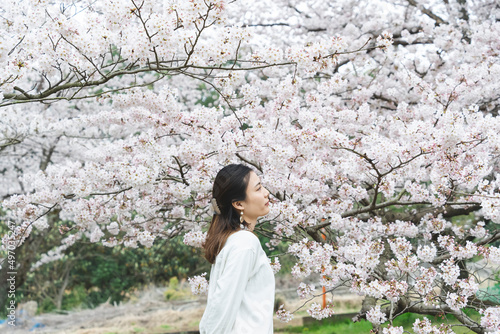 満開の桜の花と爽やかな女性