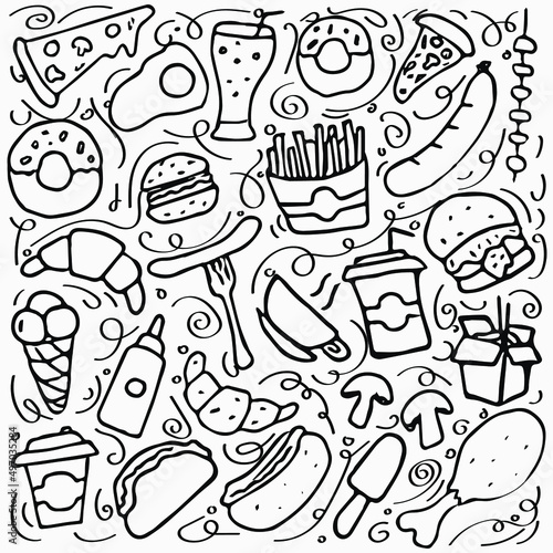 Fast food set icons, fastfood background. Doodle fast food icons. food icons on white background. hand drown vector fast food set icons