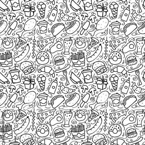 Fast food set icons, fastfood background. Doodle fast food icons. seamless pattern with food icons. food icons on white background. hand drown vector pattern with fast food icons