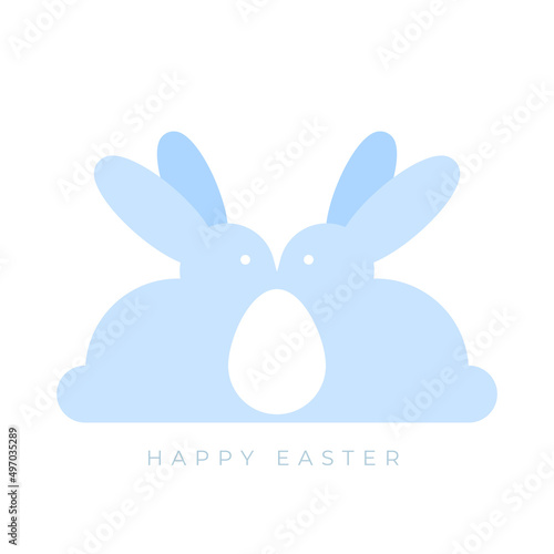 Happy Easter. Minimalist bunnies and white Easter egg. Pale blue color. For greeting card, poster, banner. Vector illustration, flat design