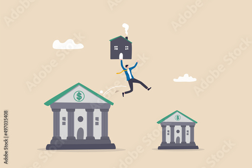 Refinance change mortgage agreement to new bank, replace debt obligation with better interest rate, housing loan or real estate investment concept, businessman with his house jump to new bank.