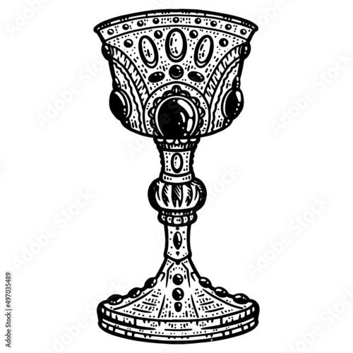 Etched vector illustration. Black and white vintage art. Hand drawn ink sketch of antique bowl.