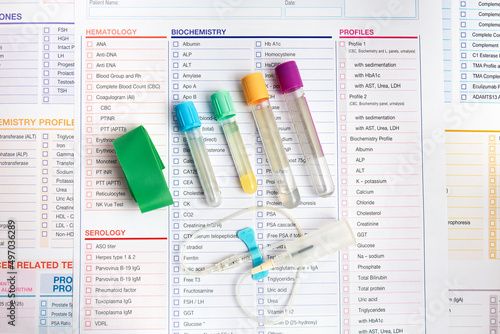 Blood tubes test Set and requisition form for analysis in the worplace of laboratory. Equipment of vacuum sample tubes and needle for blood draw photo